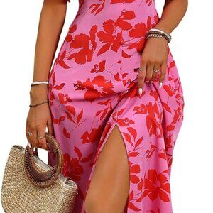 Women's Floral Print V Neck Ruffle Short Sleeve A Line Dress for Women